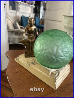 Vintage Art Deco Nuart Nude Woman Lamp 8x9Green Crackle Brain Globe Original
