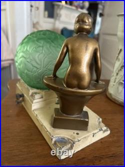 Vintage Art Deco Nuart Nude Woman Lamp 8x9Green Crackle Brain Globe Original
