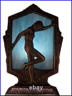 Art Deco Lamp » Vintage Art Deco Nude Lady Lamp with Blue Slag Glass Shade