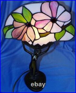 Vintage Art Deco Nude Lady Woman Metal Table Lamp Light Stained Glass Shade