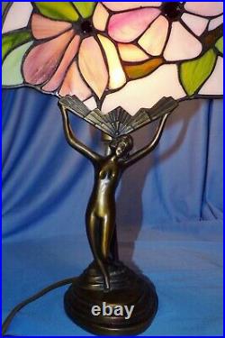 Vintage Art Deco Nude Lady Woman Metal Table Lamp Light Stained Glass Shade