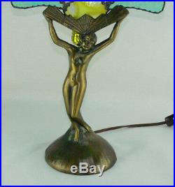 Vintage Art Deco Nude Woman Lady Figural Bronze Lamp Stained Glass Fan Shade