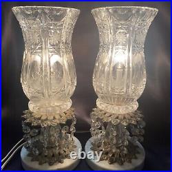 Vintage Art Deco Pair of Cut Crystal Boudoir Lamps Prisms Etched 12 Marble