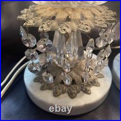 Vintage Art Deco Pair of Cut Crystal Boudoir Lamps Prisms Etched 12 Marble