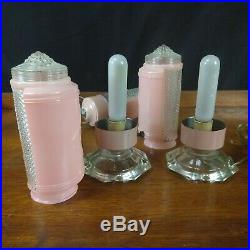 Vintage Art Deco Pink Bedroom Headboard End Table lamp set glass frosted 1950's
