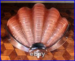 Vintage Art Deco Pink Glass Clam Shell 1930s Chrome Odeon Wall Light Lamp Shade