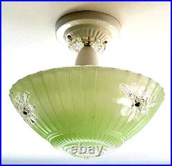 Vintage Art Deco Semi Flush Green Ceiling Light Fixture 3 Chain