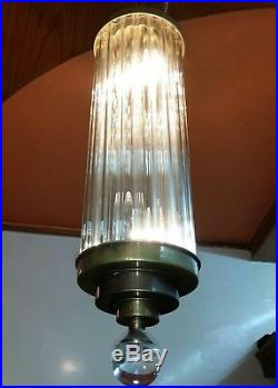 Vintage Art Deco Skyscraper Brass & Glass Ceiling Fixture Chandelier Light Lamp