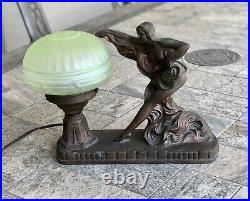 Vintage Art Deco Spelter Bronze Woman Figure Green Glass Table Lamp No. 183