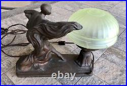 Vintage Art Deco Spelter Bronze Woman Figure Green Glass Table Lamp No. 183