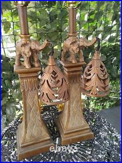 Vintage Art Deco Style Faux Brass Elephant Table Lamp Set Super Unique Pair SEE