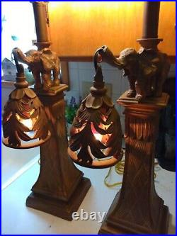 Vintage Art Deco Style Faux Brass Elephant Table Lamp Set Super Unique Pair SEE