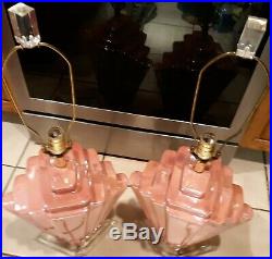 Vintage Art Deco Style Pink Ceramic Lucite Base Electric Table Lamp Matching Set