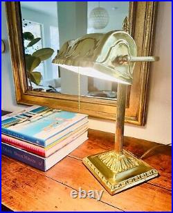 Vintage Art Deco Style Ruffled Adjustable Brass Banker's Lamp