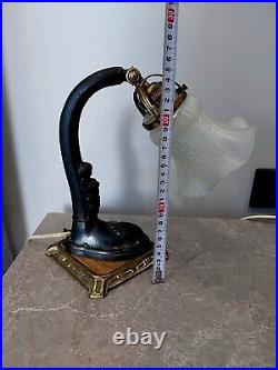 Vintage Art Nouveau Art Deco Desk Lamp with Baby Figure Brass Glass