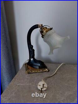 Vintage Art Nouveau Art Deco Desk Lamp with Baby Figure Brass Glass