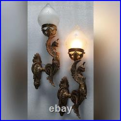 Vintage Art Nouveau Deco Brass Lion Mermaid Wall Sconce Star Glass Lamp 1 Pc