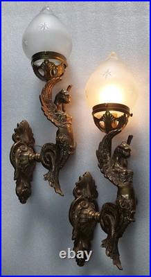 Vintage Art Nouveau Deco Brass Lion Mermaid Wall Sconce Star Glass Lamp 1 Pc
