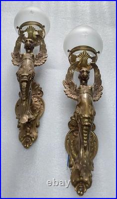 Vintage Art Nouveau Deco Brass Lion Mermaid Wall Sconce Star Glass Lamp 1 Pc