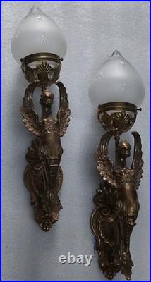 Vintage Art Nouveau Deco Brass Lion Mermaid Wall Sconce Star Glass Lamp 1 Pc