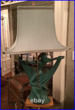 Vintage Art Noveau Deco Art Pottery Figural Lady Scarf Dancer Table Lamp