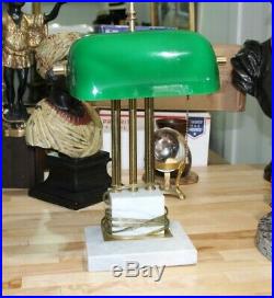 Vintage Bankers Desk Lamp Green Glass Shade Marble Base Brass Art Deco 17 x 10.5