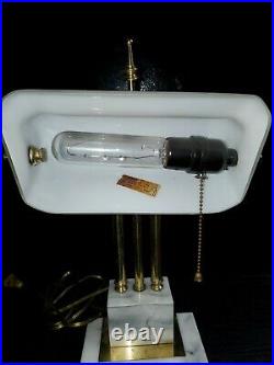 Vintage Bankers Desk Lamp White Glass Shade Marble Base Brass Art Deco