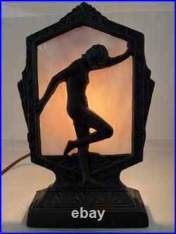 Vintage Billings Brass Lamp Art Deco Nude Lady withStained Glass 9