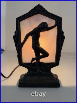 Vintage Billings Brass Lamp Art Deco Nude Lady withStained Glass 9