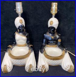 Vintage Blackamoor Chalkware Table Lamps Pair 1954 Statuary Co African Genie