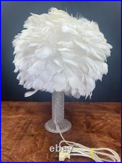 Vintage Boudoir Burlesque Art Deco Soft White Feather Frosted Glass Table Lamp