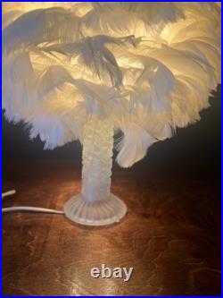 Vintage Boudoir Burlesque Art Deco Soft White Feather Frosted Glass Table Lamp
