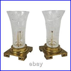 Vintage Brass Dresden Table Lamp Pair Cut Crystal Greek Key Signed Chinoiserie