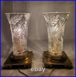 Vintage Brass Dresden Table Lamp Pair Cut Crystal Greek Key Signed Chinoiserie