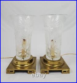 Vintage Brass Dresden Table Lamp Pair Cut Crystal Greek Key Signed Chinoiserie