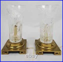 Vintage Brass Dresden Table Lamp Pair Cut Crystal Greek Key Signed Chinoiserie