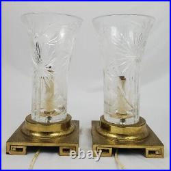 Vintage Brass Dresden Table Lamp Pair Cut Crystal Greek Key Signed Chinoiserie