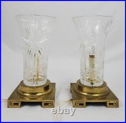 Vintage Brass Dresden Table Lamp Pair Cut Crystal Greek Key Signed Chinoiserie