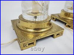 Vintage Brass Dresden Table Lamp Pair Cut Crystal Greek Key Signed Chinoiserie