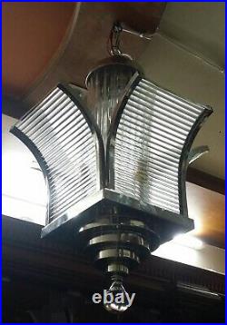Vintage Brass Nickel Art Deco Ship Glass Ceiling Fixture 6 Light Chandelier Lamp