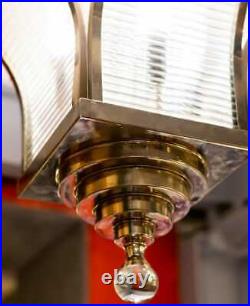 Vintage Brass Nickel Art Deco Ship Glass Ceiling Fixture 6 Light Chandelier Lamp