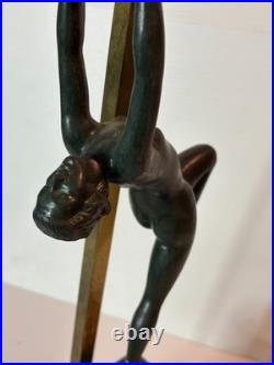 Vintage Bronze Art Deco Nude Form Lady Woman Dancer Holding Globe Figural Lamp