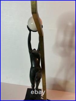 Vintage Bronze Art Deco Nude Form Lady Woman Dancer Holding Globe Figural Lamp