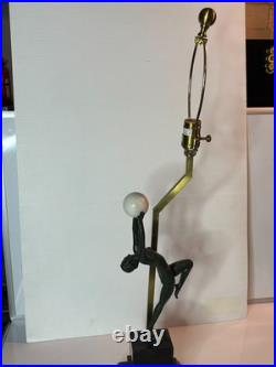 Vintage Bronze Art Deco Nude Form Lady Woman Dancer Holding Globe Figural Lamp