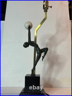 Vintage Bronze Art Deco Nude Form Lady Woman Dancer Holding Globe Figural Lamp