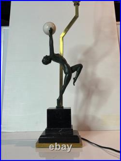 Vintage Bronze Art Deco Nude Form Lady Woman Dancer Holding Globe Figural Lamp