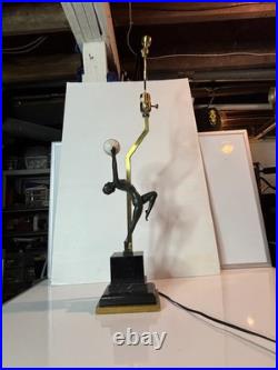 Vintage Bronze Art Deco Nude Form Lady Woman Dancer Holding Globe Figural Lamp