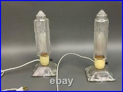 Vintage Clear Glass Bullet Torpedo Skyscraper Boudoir Antique Table Lamps Pair