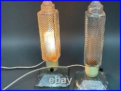 Vintage Clear Glass Bullet Torpedo Skyscraper Boudoir Antique Table Lamps Pair