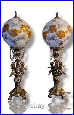Vintage Crystal Hollywood Regency Art Deco Style Cherub Glass Gold Globe Lamps